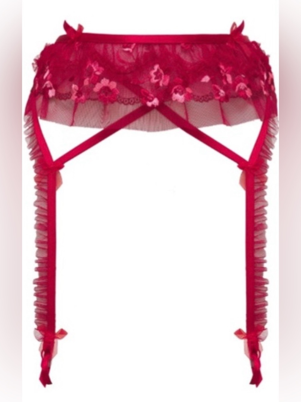 For Love & Lemons Red Floral Mesh Lace Bow Suspender Garter Belt⁠ NWT Large